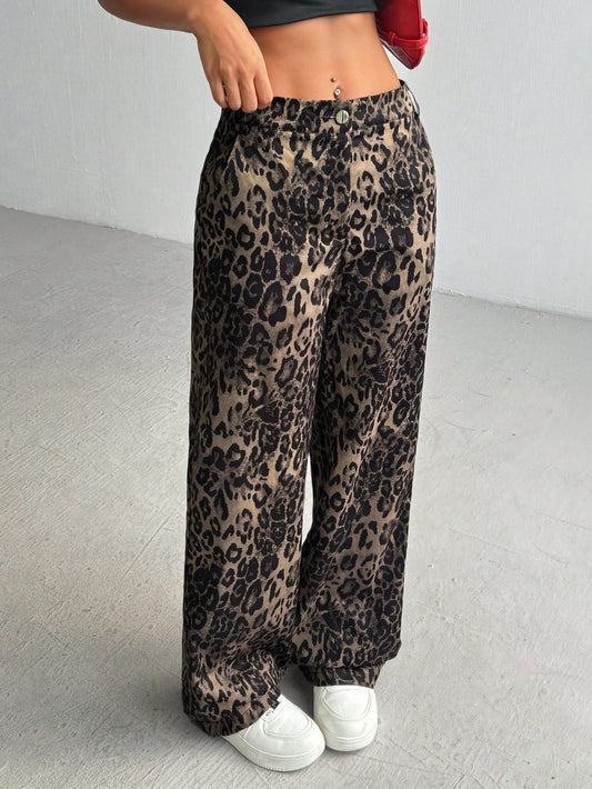 Ezwear Women'S Fashionable Leopard Print Straight-Leg Pants