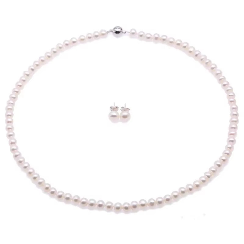 6-7MM White Akoya Cultured Pearl Necklace 18" + Earring Set Colar Perle Collier Et Boucle D'Oreille Ensemble