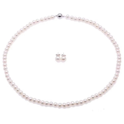 6-7MM White Akoya Cultured Pearl Necklace 18" + Earring Set Colar Perle Collier Et Boucle D'Oreille Ensemble