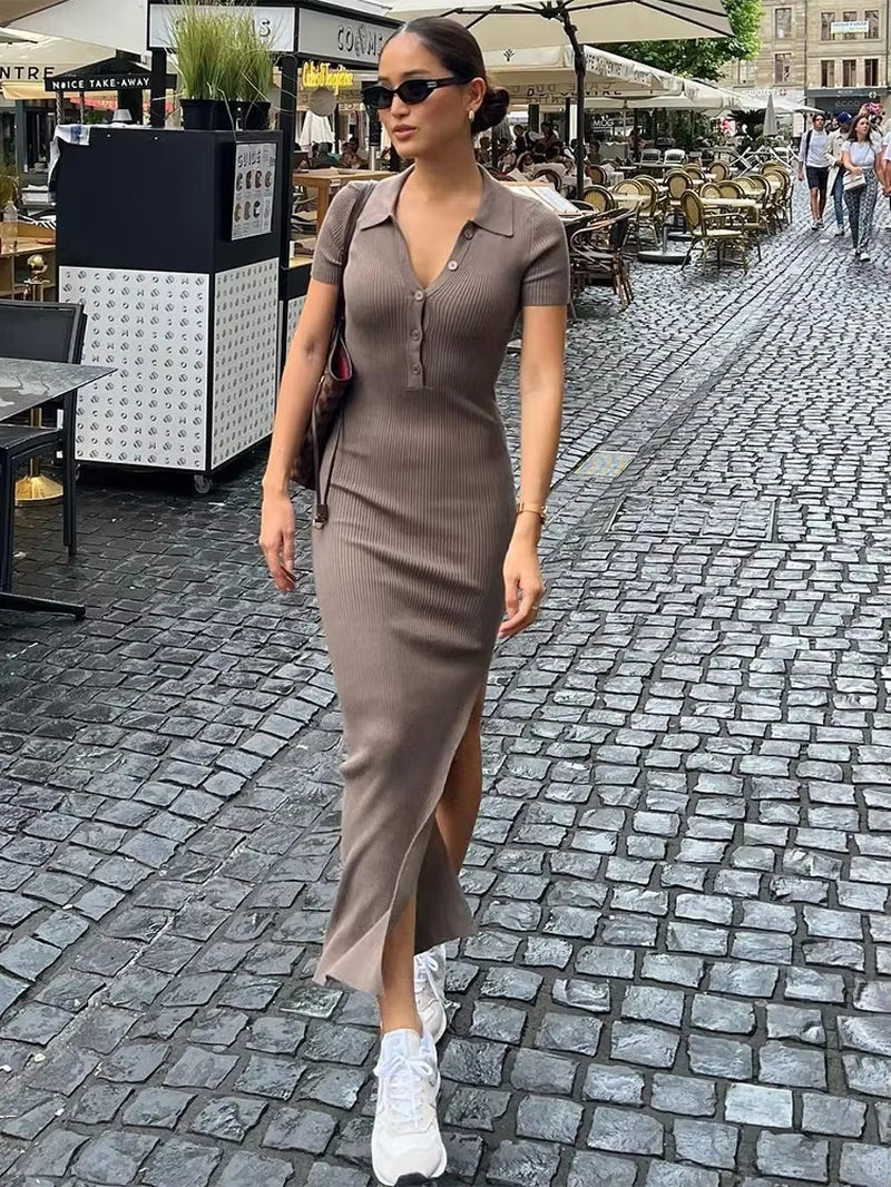 Elegant Office Lady Maxi Dress Women Solid Fashion Turn-Down Collar Short Sleeve Button Side Slit Body-Shaping Street Robe