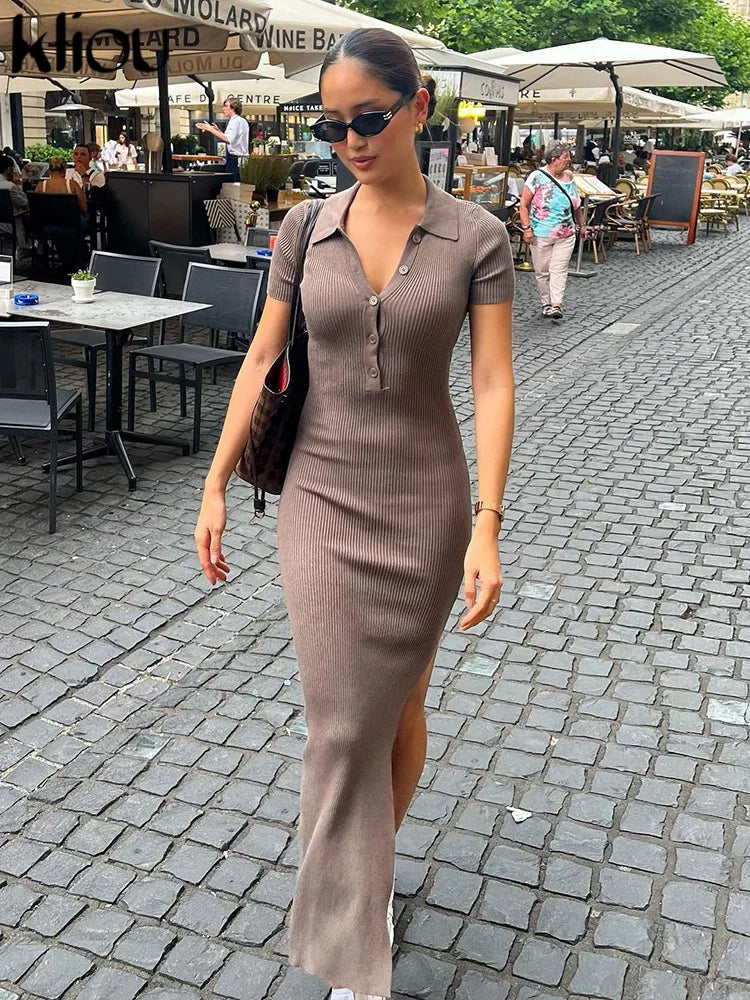 Elegant Office Lady Maxi Dress Women Solid Fashion Turn-Down Collar Short Sleeve Button Side Slit Body-Shaping Street Robe